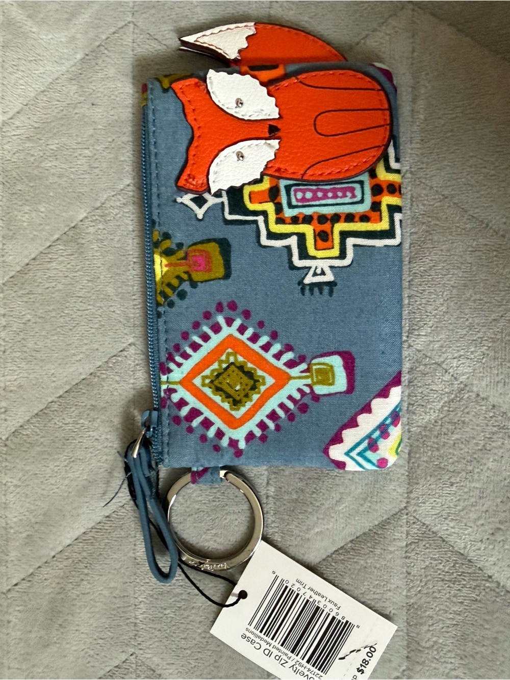 Vera Bradley painted medallions Zip ID Case Wallet with Orange Fox Applique